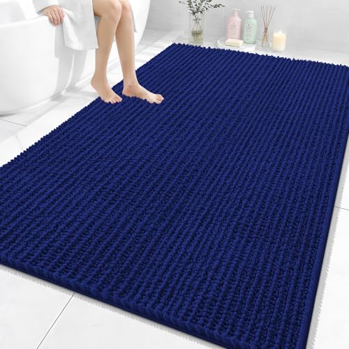Image of OLANLY Bathroom Rug Mat 70x46, Thick Soft and Absorbent Chenille Bath Mat, Non-Slip Rubber Backing, Machine Washable Quick Dry Bath Rugs for Tub Shower Floor, Home Decor Accessories, Navy Blue