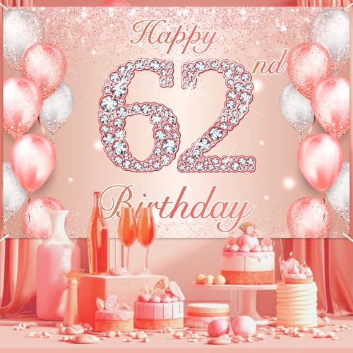 Image of Happy 62nd Birthday Rose Gold Banner Cheers to 62 Years Old Backdrop Confetti Balloons Theme Decor for Women 62 Years Old Pink Birthday Party Decorations Bday Supplies Background Favors Gift Glitter