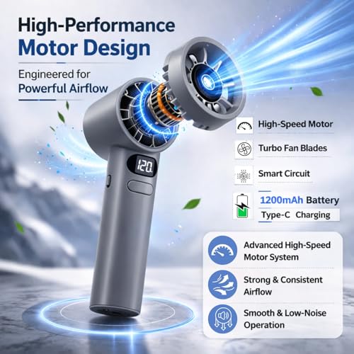 Image of One94Store Handheld Rechargeable Fan, Portable Mini Electric Fan with 1200mAh Battery, 120 Speed Levels with Long-Press Speed Control, Personal Cooling Fan for Travel, Office & Home, Grey