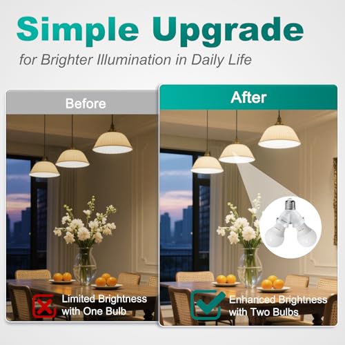 Image of DiCUNO 2 in 1 E26 Socket Splitter Adapter, Two E26 Standard Midbase Bulbs Y Shape Lamp Holder Converter in One Socket, Maximum 200W
