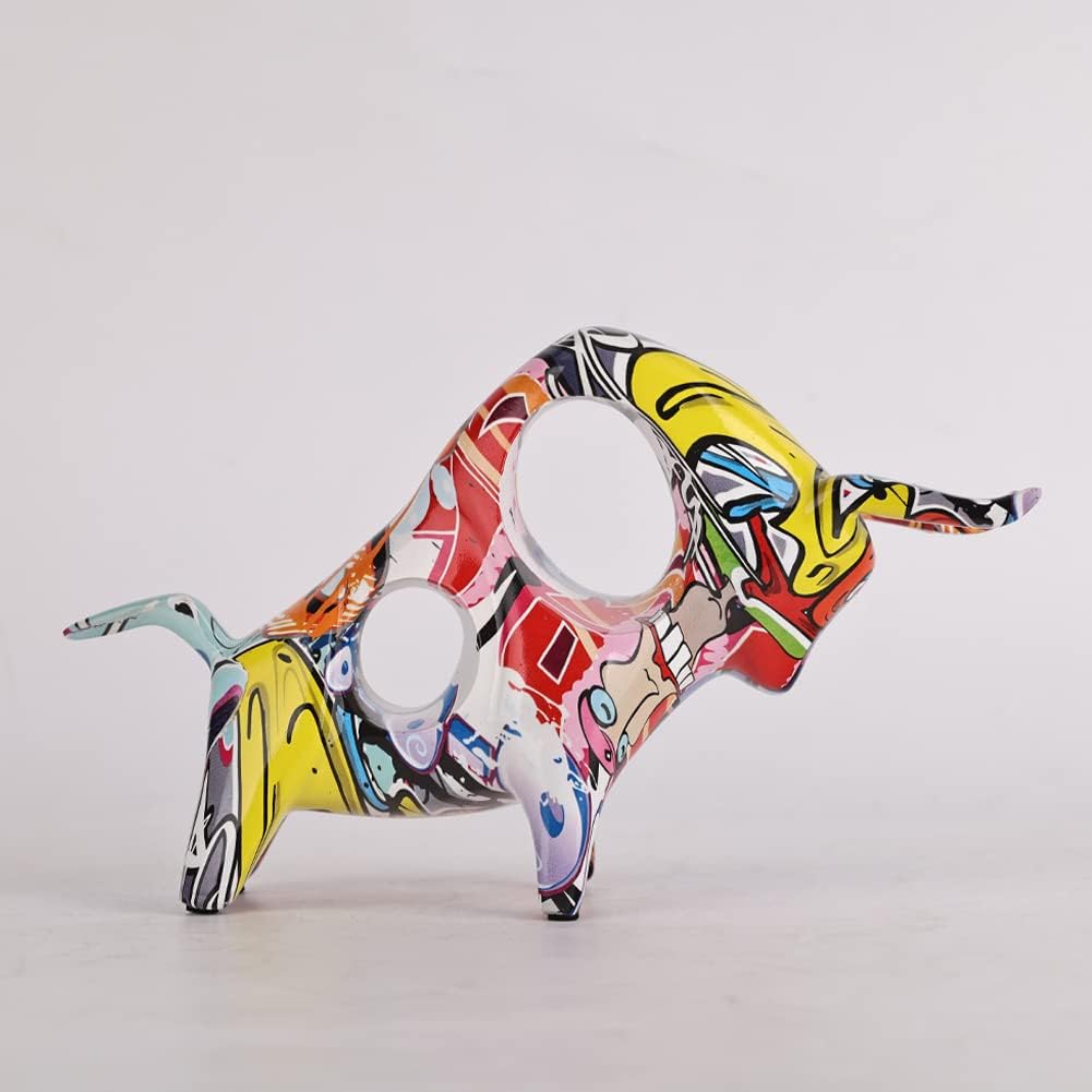 QIANLING Resin Graffiti Bull Statue, Minimalistic Full-Color Bull Figurine Decor, Originality Abstract Bull Sculpture Home Decor, Suitable for Interior Decor, Bookshelf, Table top, Centerpiece