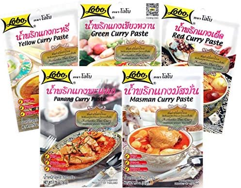 Lobo Variety Curry Paste (Red, Green, Yellow, Masaman, Panang Curry Paste - One of Each, 5 Total)