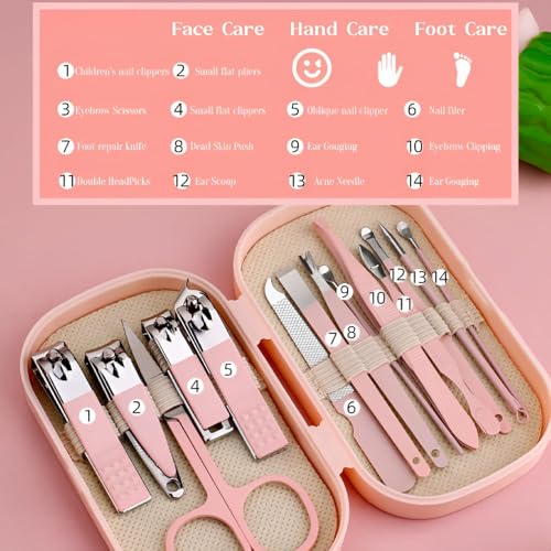 Image of Manicure Set, 8-in-1 Stainless Steel Nail Cutter Kit with Scissors, Professional Grooming Kit for Women, Brown (14 in 1 Manicure)