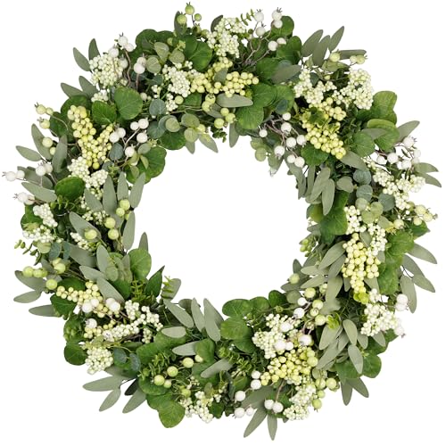 Vlorart 32 Inch Artificial Spring Summer Greenery Christmas Wreaths for Front Door Green Eucalyptus Leaf Wreath Decor Boxwood with Big Berries for Farmhouse Outside Year Round