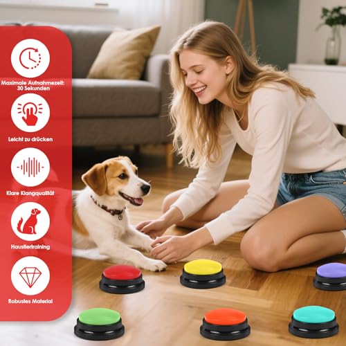 SternSinn 6er-Set Buzzer mit Aufnahmefunktion – Interaktives Sprach-Trainingsspielzeug für Hunde, 30 Sekunden Aufnahme, Hund Intelligenzspielzeug, Hundetraining Zubehör, Antwort Buzzer