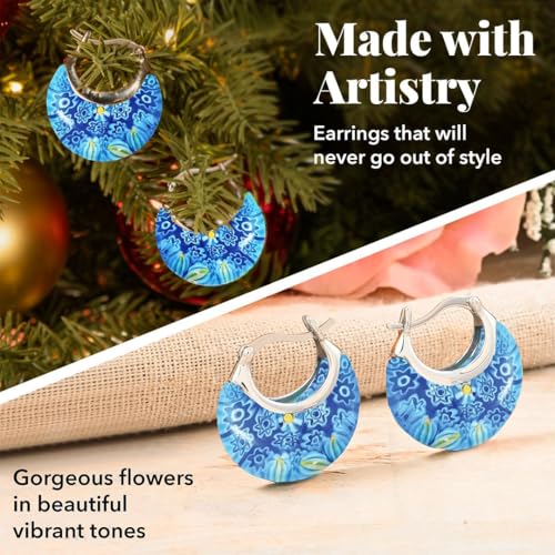 murano style millefiori glass hoop earrings for women trendy - fun earrings floral colorful flower statement hoops stainless steel everyday jewelry teacher birthday gifts 116g