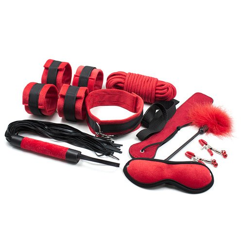 9 teiliges SM - Bondageset Rot-Schwarz sehr weich - Fetisch BDSM Bondage Rollenspiel Sex-Spielzeug - SM Paddel- schwarz (Black Single Tail Whip)