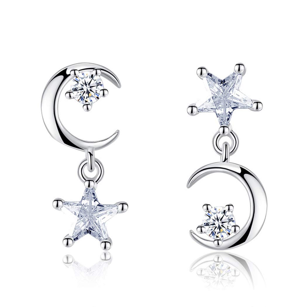 Chandler925 Silver Zircon Star Moon Tassel Earrings Studs for Women Girls Fashion Elegant 925 Silver Earrings Friendship Gift