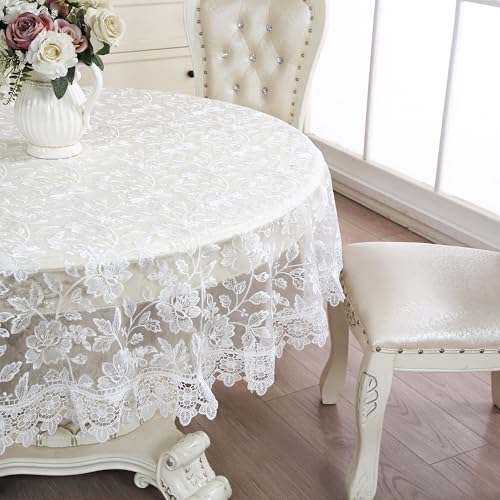 ZHUIDUSI 90 Round Tablecloth White Lace Table Cloth Floral Embroidered Decor Macrame Crochet Vintage Shabby Chic Table Cover for Dining Kitchen Summer Outdoor Holiday (White, Round 90 in)