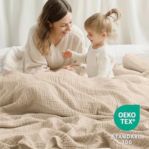 Cooling Throw Blanket Twin XL 66" x 90", 6 Layers Muslin Blankets 100% Cotton, Breathable and Lightweight Twin Blanket for Bed, Soft Bedspread, Gauze Bedding for All Season, Beige Linen