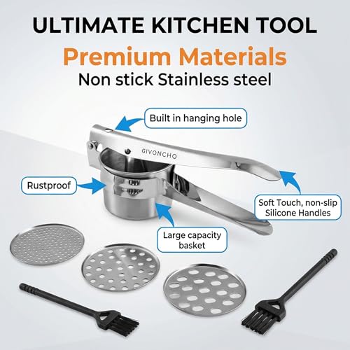 GIVONCHO 14 oz Stainless Steel Potato Ricer with 3 Changeable Discs & Cleaning Brush, Heavy-Duty Masher, Dishwasher Safe for Potatoes, Vegetables & Baby Food - Image 5