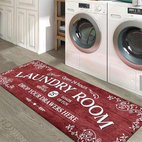Lahome Farmhouse Laundry Room Rug Runner 20"x59" Laundry Rugs and Mats for Laundry Room Non Slip Washable Floor Carpet Runner Rug for Washroom Mudroom Kitchen Bathroom Hallway Decor, Red 1'8