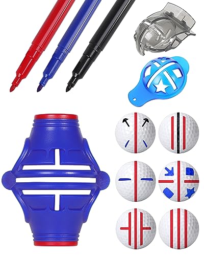 DESELL ゴルフボール ラインマーカー 180°360°ボールライン引き 6点セット パッティング練習器 図形描画 位置を決め (マーカー*3個+ペン*3本) 藍赤
