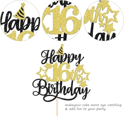 Image of Confetti! Glittering 16th Birthday Cake Topper with Star Hat - Cheers to 16 Years! Fabulous Cake Decorations for Kids' 16th Birthday & Anniversary Party Supply