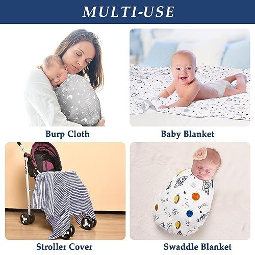 Image of david's kids 4 Pack Baby Muslin Swaddle Blankets, 100% Cotton and Ultra Soft Breathable Receiving Blanket Wrap for Boys Girls, New Born Essentials, Large 47 x 47 inches, Space /Stars /Wave