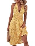 KUNJLELP Sommerkleid Damen Knielang V Ausschnitt Neckholder Kleid Midi Rüschen Blumenkleid Ärmellos Sommerkleider Partykleid Boho Kleider A Linien Kleid mit Taschen,L,Gelb