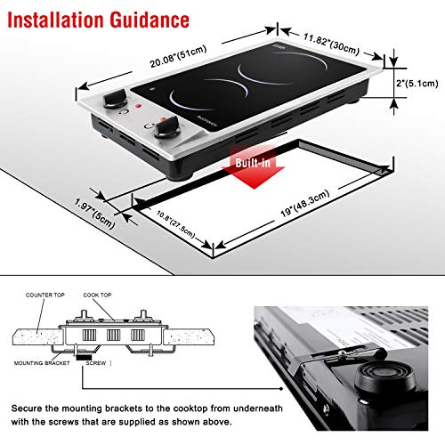 Electric Cooktop, ECOTOUCH 2 burner electric cooktop 120V Stove Top Built In, 12 inch Radiant Cooktop with Stainless Steel, Plug In