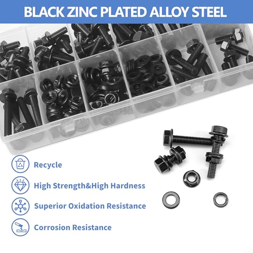 Image of 260Pcs M6 Black Flange Bolts Assortment Kit with Flange Nuts,Washers & Lock Spring Washers,M6-1.0x12 /16 /20 /25 /30 /35 /40mm Hex Head Screw,Carbon Steel Full Thread DIN 6921