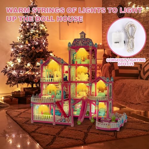 Image of OCTERIC Doll House for Girls ,10 Rooms Pink Doll House with Dolls Figure, Puppies ,Furnitures, Accessories, LED Light, Toddler Playhouse Gift for for 3 4 5 6 7 8 9 10 Year Old Girls Toys (6 House)