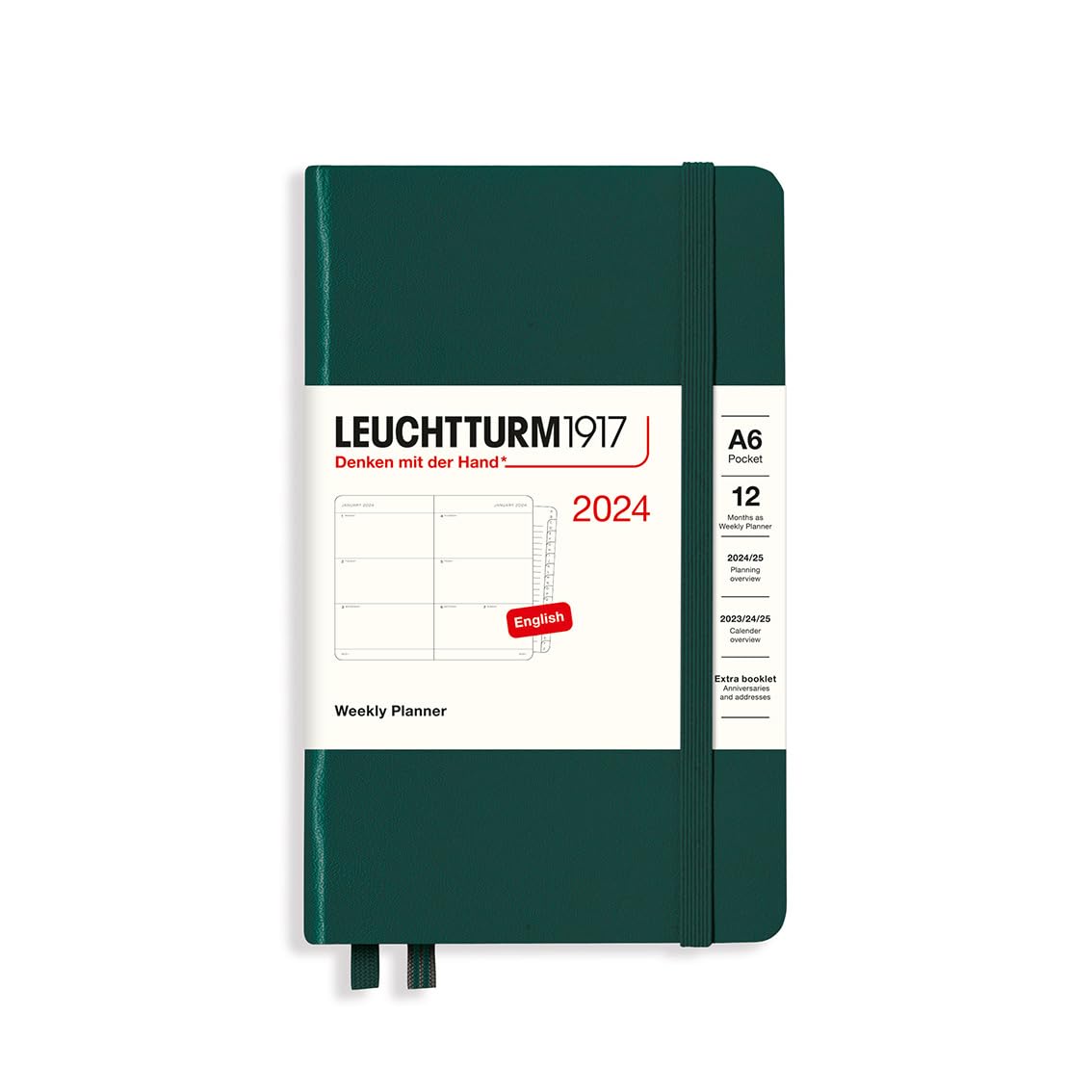 LEUCHTTURM1917 367624 Weekly Planner Pocket (A6) 2024, 12 Months, Forest Green, English