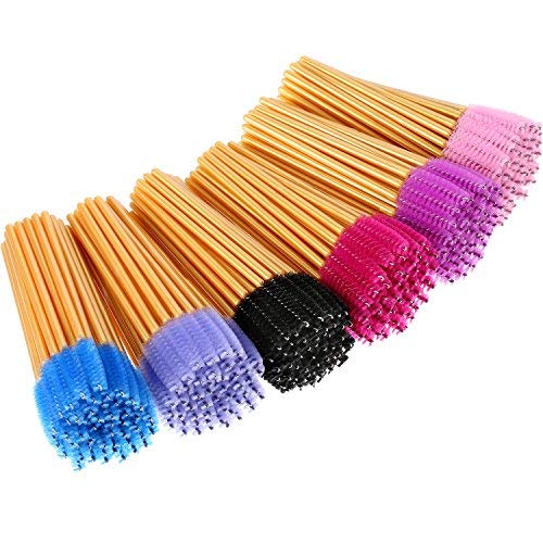 eBoot 300 Pieces Colored Disposable Mascara Wands Eyelash Eye Lash Brush Makeup Applicators Kit (Gold Handle, Multicolor Head)