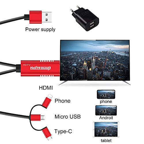 Hdiwousp 3 in 1 Adapter HDMI Cable for Phone,Mirroring Cellphone Screen to TV/Projector/Monitor Adapter, 1080P Resolution for iOS and Android Devices