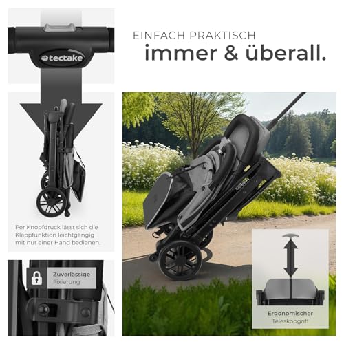 tectake® Buggy Kinderwagen von 0 bis 3 Jahre, Wagen für Baby Erstausstattung Neugeborene und Kinderbuggy mit Sonnenverdeck, einhändig faltbarer Reisebuggy, Reisekinderwagen, Baby Wagen - grau