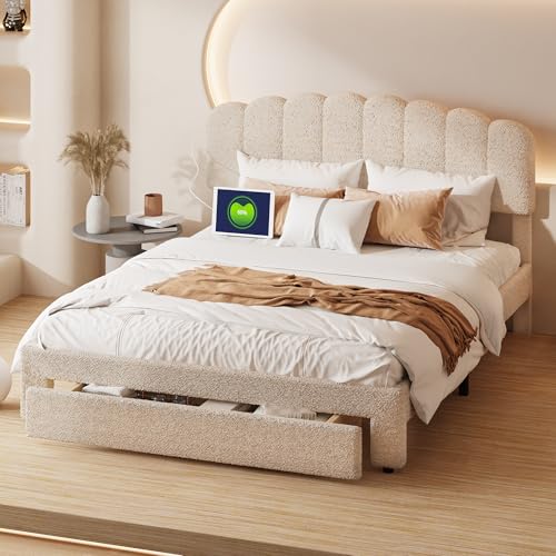 LIVLUX Lit Double rembourré 160x200 cm, lit 2 Personnes avec tiroir et USB,Dossier en Teddy,Convient aux Adultes et aux Adolescents,Beige (Beige, 160 x 200 cm)
