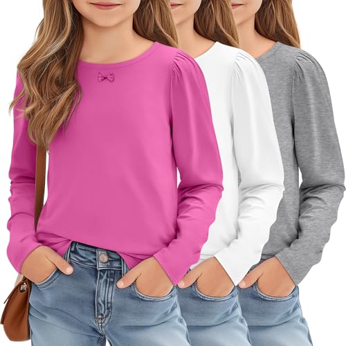 3 Pack Girls Long Sleeve T-Shirts Kids Basic Crew Neck with Bow Soft Layering Tops for Teen Girls, 5-14 Years