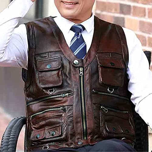 Cowhide Leather Vest Men's Brown Sleeveless Jacket Thickened Motorcycle Vest Multi-Pocket Zipper3
