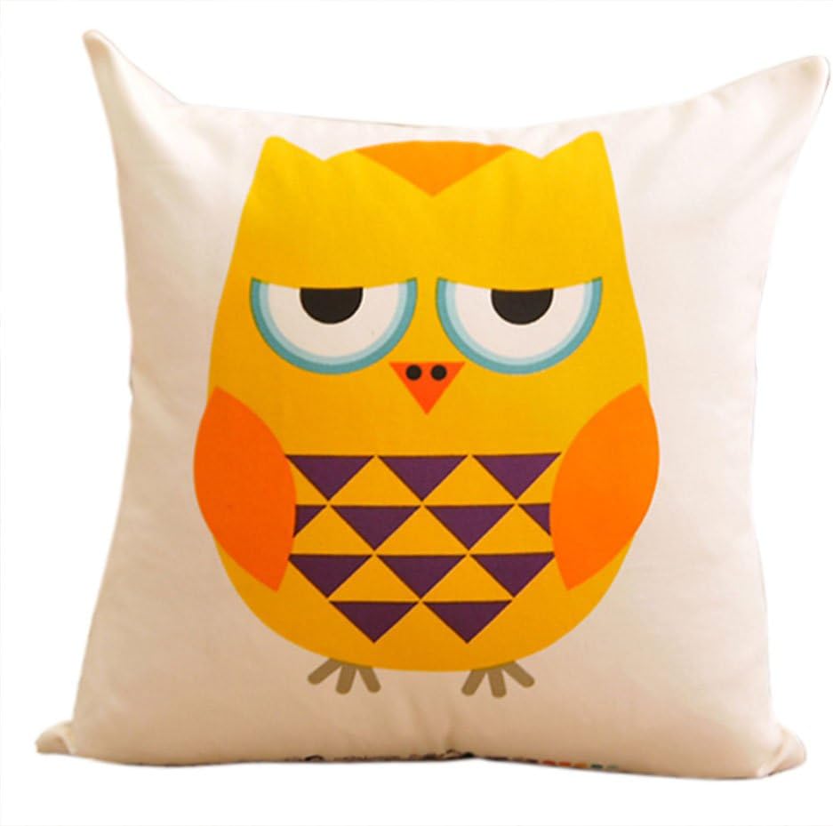 Heyo Cotton Linen Modern Home Decorative Cartoon Cute Owl Expression Printed Sofa Waist Back Chair Pillow Cushion Cover Case Yellow