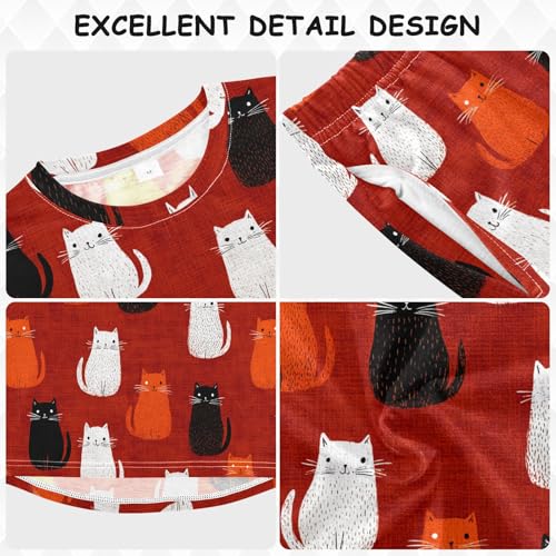 Cats on Red Background Soft Pajama Set for All Seasons,Breathable Pjs Long Sleeve Sleepwear,Comfy Loungewear 2 Piece Underwear Set 3T3