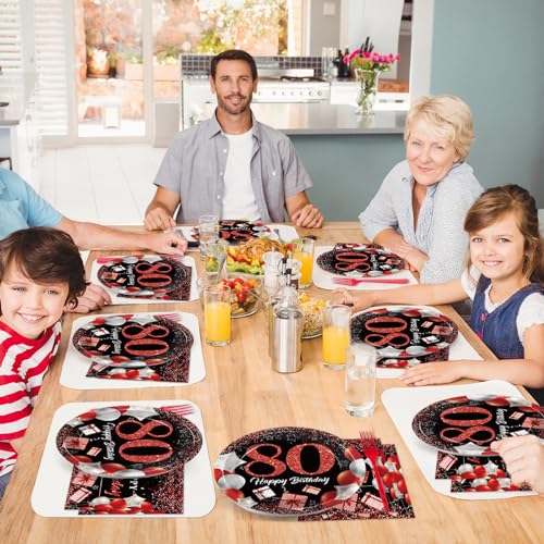 Image of gisgfim 96 Pcs 80th Birthday Plates and Napkins Party Supplies 80 Years Old Birthday Party Tableware Set Red Black Dinner Dessert Plates 80th Birthday Decorations Favors for Man Women for 24 Guests