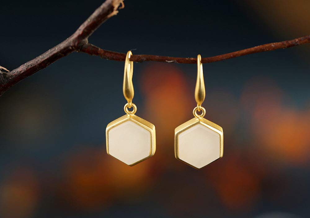 Pendientes De Gota para Mujer,Elegante Dorado S925 Pendientes De Gancho con Forma De Gota De Jade Hexagonal De Plata Anillo De Aro Ligero Hipoalergénico Pendientes De Joyería Circular para Mujeres