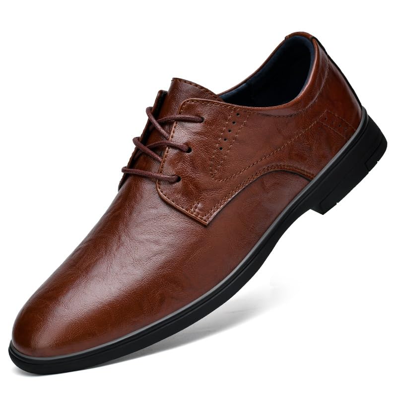 HOOENG Formal Shoes for Men Lace Up Pointed Toe PU Leather Derby Shoes Block Heel Non Slip Resistant Low Top Party(Color:Brown,Size:6)