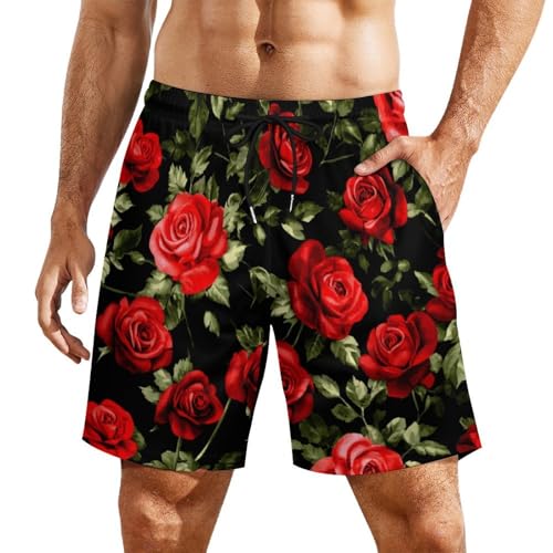 Flower Red Rose Mens Swim Trunks Quick Dry Beach Shorts with Compression Liner and Pocket