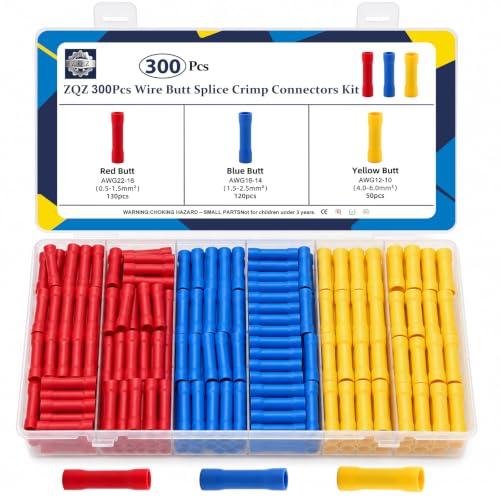 ZQZ 300Pcs Wire Butt Splice Connectors Kit, Insulated Crimp Butt Terminal