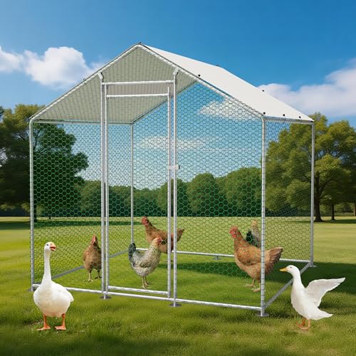 Thanaddo Hühnerstall Metall Freilaufgehege, 2x2 m Freilaufgehege Hühner mit PE-Tuch, Verzinkter Stahl Kleintierstall mit Riegelsystem-Tür für Hühner Haustierkäfig Hühnerkäfig Kleintiere Garten