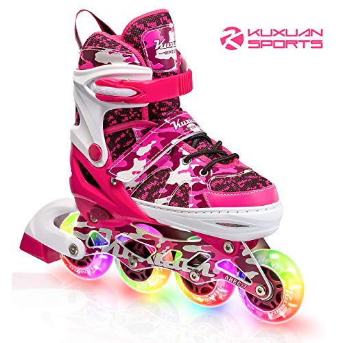 Kuxuan Niños Camo Patines en Línea Ajustables en Negro y Rosa con Ruedas Iluminadas, Patines de Rodillos Luminosos Divertidos para Niños Niñas Jóvenes - Medio(32-35 UE)