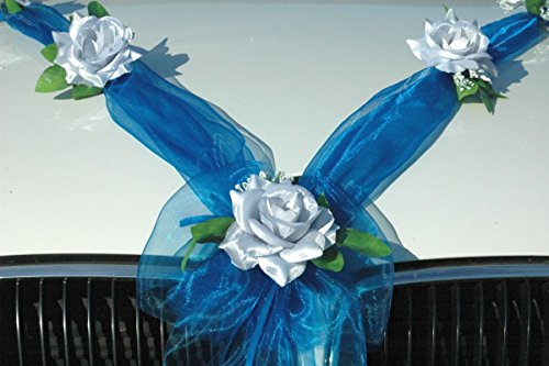Autoschmuck Organza M Auto Schmuck Braut Paar Rose Deko Dekoration Hochzeit Car Auto Wedding Deko Girlande PKW (Silber/Blau)