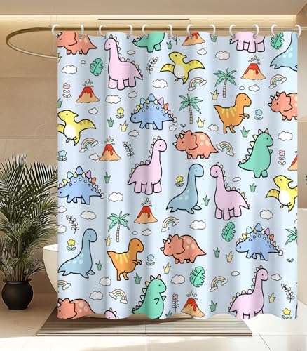 MAMUSE Shower Curtain for Bathroom - Cute Aesthetic Decorative Modern Girly Unique Girls Design Pretty Women Waterproof Fabric Cloth Cortinas de Bao Bathtub 72 x 72 Inch Little Dino