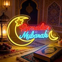 Ramadan Mubarak Neon Sign, Dimmable Led Sign Crescent Moon Wall Light for Ramadan Decorations, Islamic Home Decor for Window, Living Room & Bedroom Festival Display