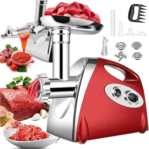 Picadora eléctrica de carne de acero inoxidable de 2800 W, colador de tomate, máquina de salsa, kit de salchichas y Kubbe, incluye 3 placas de corte para una preparación versátil de alimentos