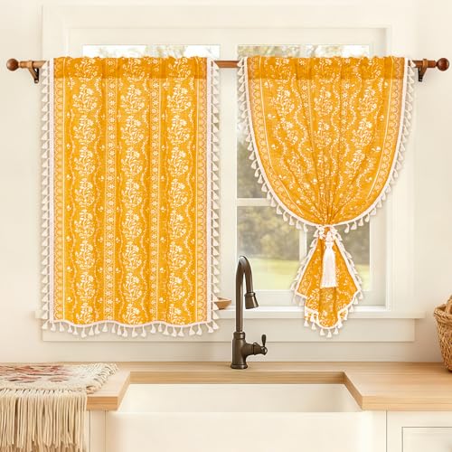 Image of Yinhua Boho Kitchen Curtains 36 Inch Length Vintage Linen Cafe Curtains Light Filtering Bohemian Floral Tier Rod Pocket Farmhouse Rustic Tassel Small Drapes with Tiebacks, 2 Panels, Yellow