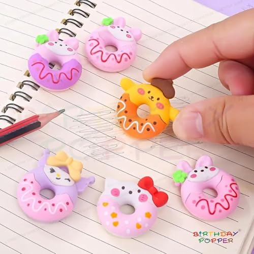 Image of Birthday Popper 48 Pcs Donut Erasers as Birthday Return Gifts for Kids - Assorted Cute 3D Cartoon Kawaii Mini Puzzle Erasers Set | Candy Bow Style School Stationery Collection for Boys & Girls