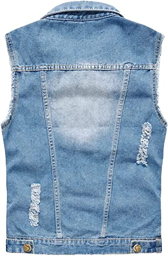 Image of Lazutom Men's Sleeveless Denim Vest Casual Slim Fit Ripped Classic Button Down Jean Jacket