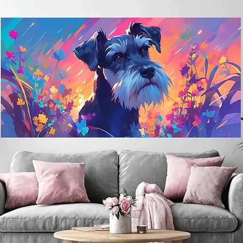 Diamond painting Schnauzer 40x80cm avec broderie diamant fleurs complet