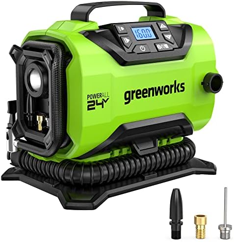 Greenworks G24IN Akku Luftpumpe, 11 Bar, Nieder- oder Hochdruck, automatische Abschaltung mit 3 Adaptern und 0,5m Schlauch OHNE 24V Akku und Ladegerät, 3 Jahre Garantie