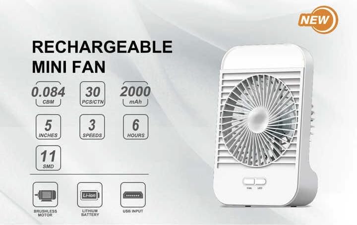 Image of American D-Home Rechargeable mini Portable Desk Fan with LED Light, 3 Speed Settings, USB Rechargeable, 1800mAh Battery, White colour