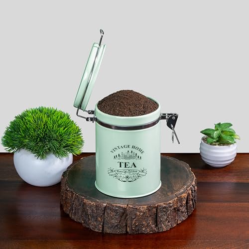 Image of Metallure Home Clip-Lock Round Classic Tea Sugar Container Set of 2 | Metal Container for Kitchen Storage | Airtight Jar Set | Food-Safe Tea Jars for Kitchen (Light Green)